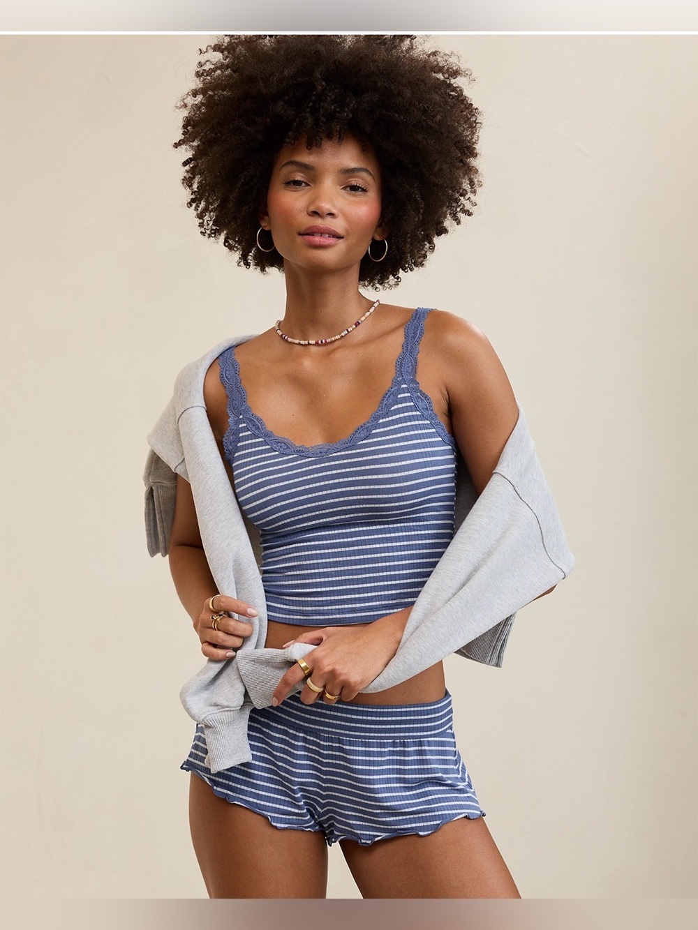 NWT Aerie Superchill Modal Rib Lace Trim Tank Top XL Marbled Blue